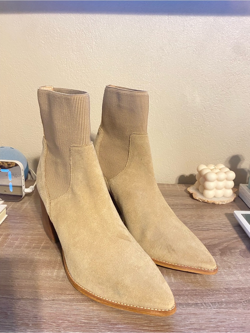 Steve Madden Suede Pointed-Toe Sock Ankle Boots in Beige